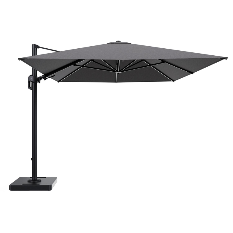 Parasol pendant Rufina avec fonction tilt en aluminium noir et toile de parasol en All Weather Solica Firenze Tunder - Lg.1 400 x Lg.2 300 cm avec pied de parasol Lapido 160 kg