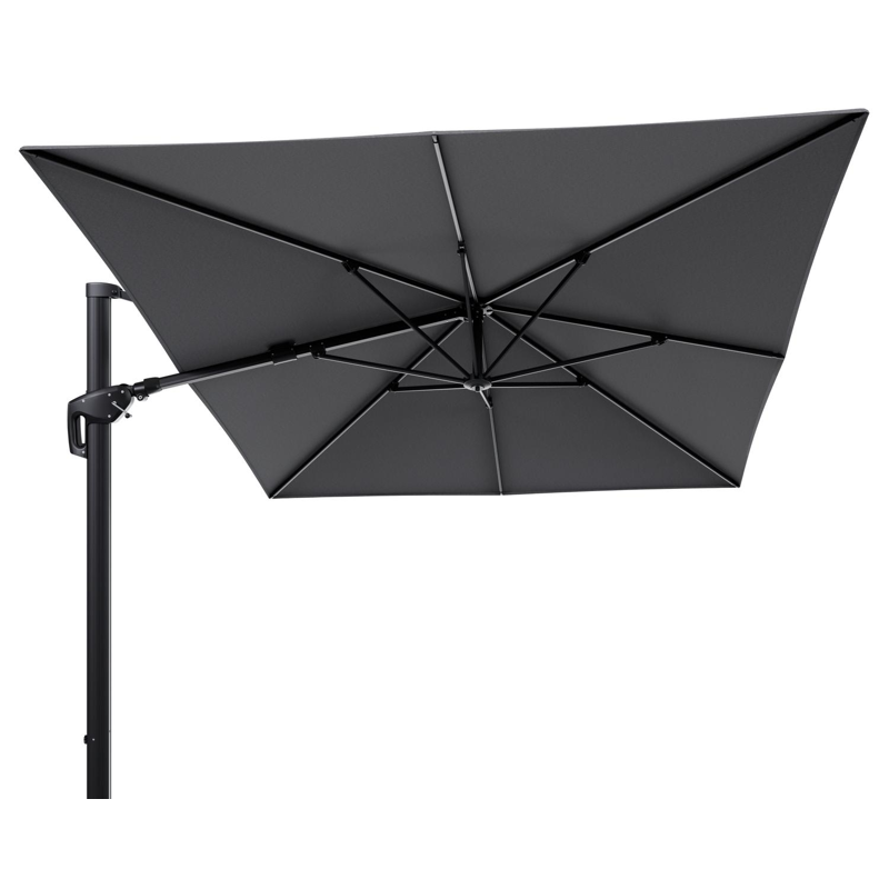 Parasol pendant Minore avec fonction tilt en aluminium noir et toile de parasol en All Weather Sunbrella® Luxe Heritage Slate - Lg.1 400 x Lg.2 300 cm (sans pied de parasol)
