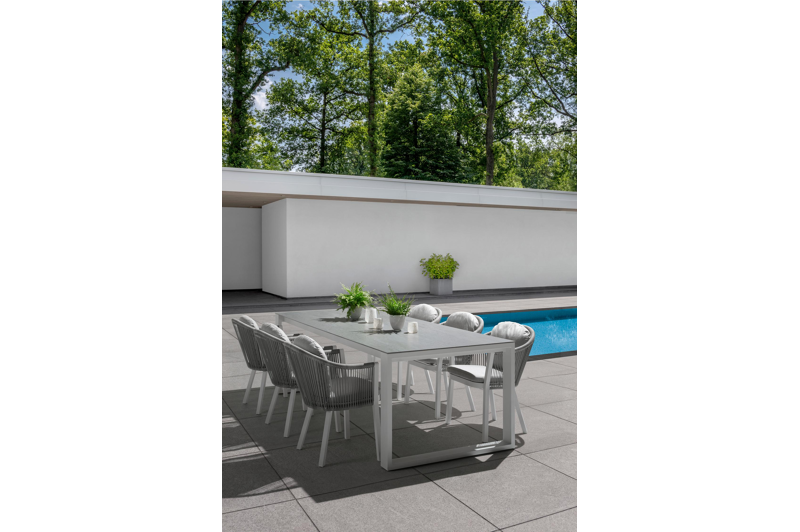 Nano tuinstoel in wit aluminium en grijs verticaal geweven rope