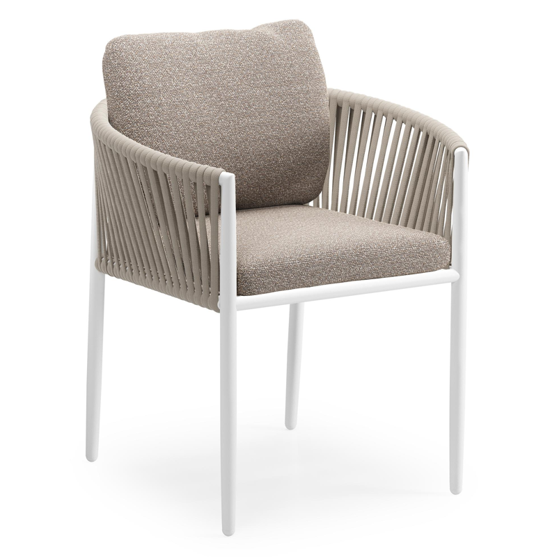 Organo tuinstoel in wit aluminium en beige verticaal geweven luxe vlakke rope met zitkussen in All Weather Sunbrella® Luxe Wander Manioc