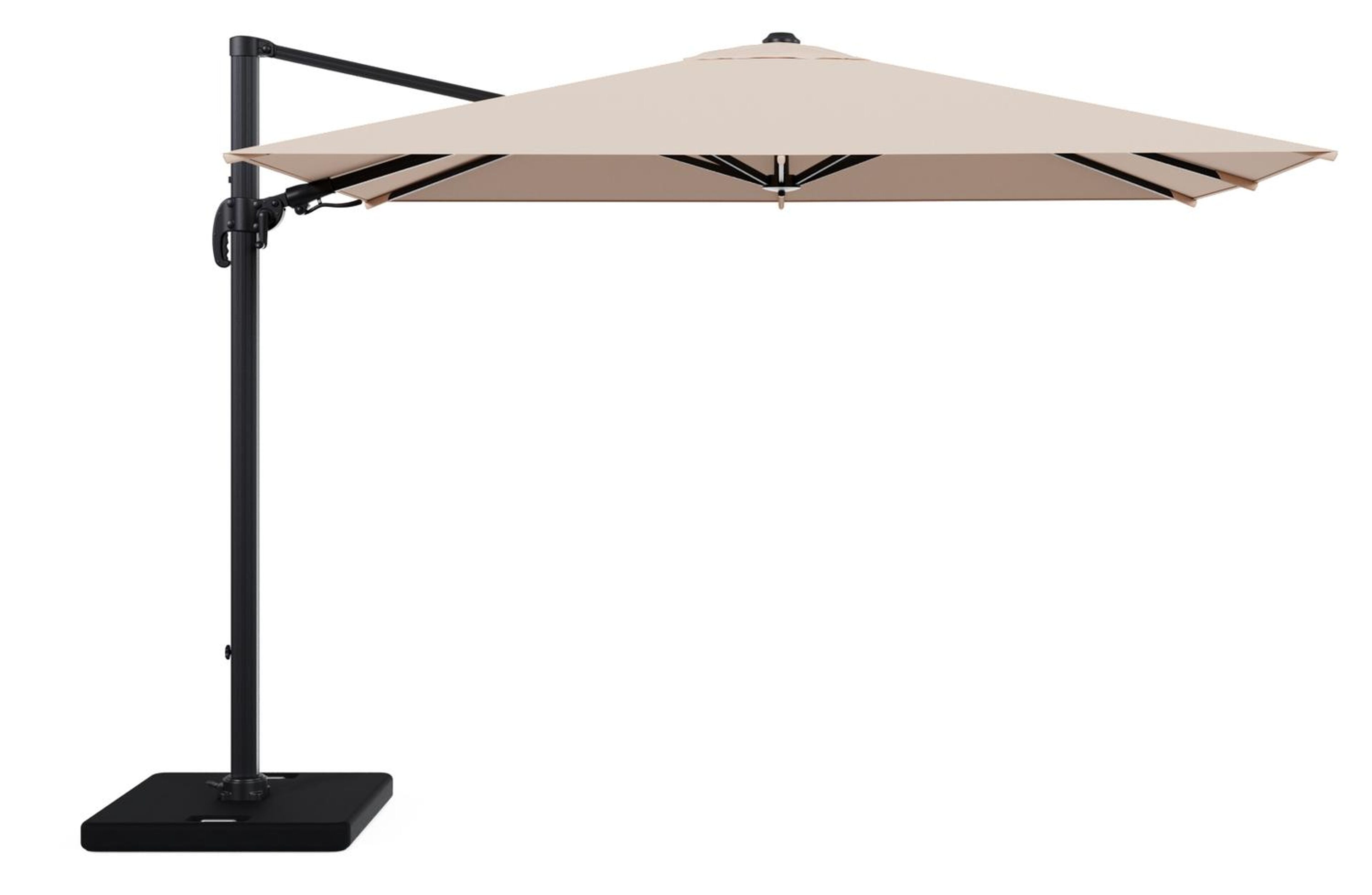 Avola zweefparasol met tiltfunctie in zwart aluminium en Natte Linen Chalk Sunbrella Premium parasoldoek - L1 200 x L2 300 cm met parasolvoet Pedito 120 kg