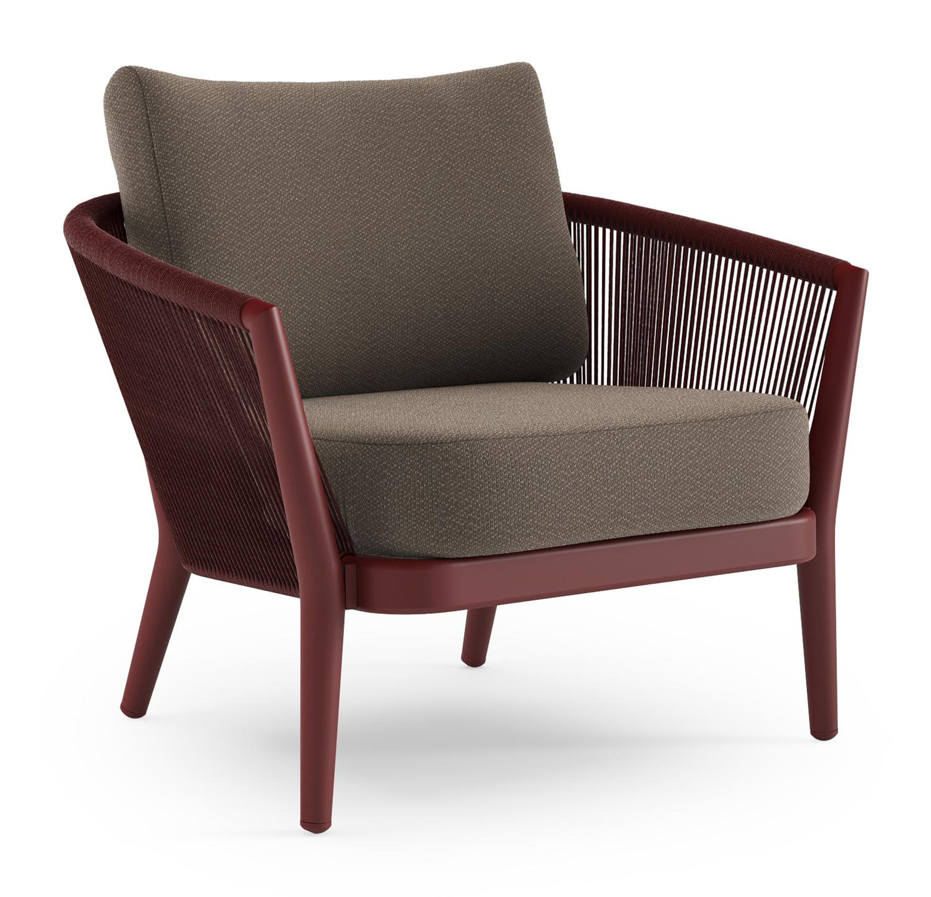Fauteuil de jardin Orso en aluminium ruby en corde ronde tissée verticalement ruby et coussins en all weather sunbrella® luxe Lopi Coconut