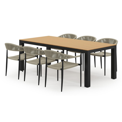 Ensemble de jardin Calzo en aluminium noir et polywood avec 6 chaises de jardin empilable Guarda