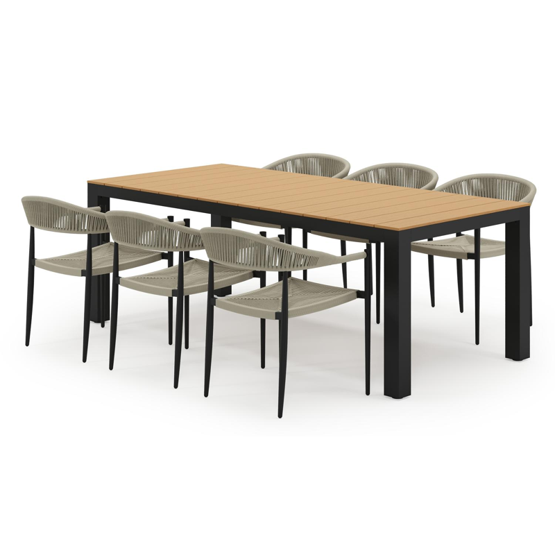 Ensemble de jardin Calzo en aluminium noir et polywood avec 6 chaises de jardin empilable Guarda