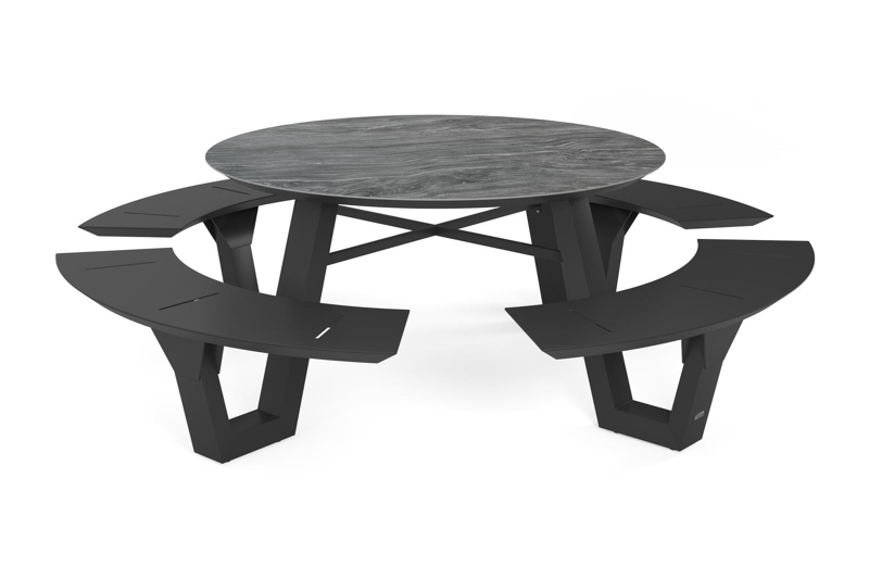 Rondino picknicktafel in zwart aluminium en volkeramiek mar del plata tafelblad - Ø 236 x H 71,5 cm