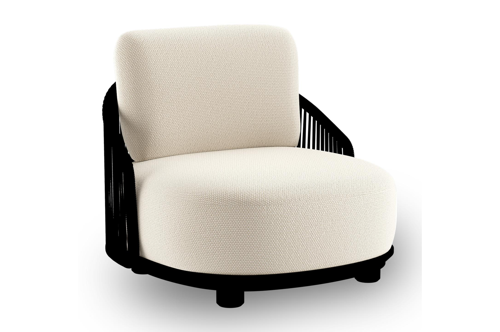 Fauteuil de jardin Vadelo en aluminium noir et corde ronde tissée verticalement noir et coussins en all weather cosytica althea off white