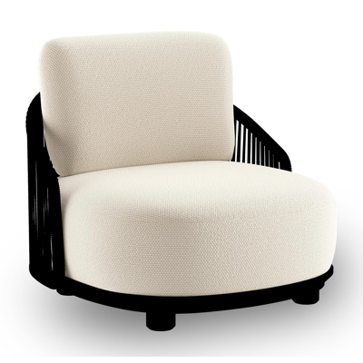 Vadelo loungestoel in zwart aluminium en zwart verticaal geweven ronde rope met althea off white all weather cosytica kussen