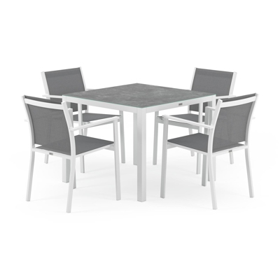 Feltro tuinset in wit aluminium en grijs keramisch glas tafelblad met 4 stapelbare Bareto tuinstoelen