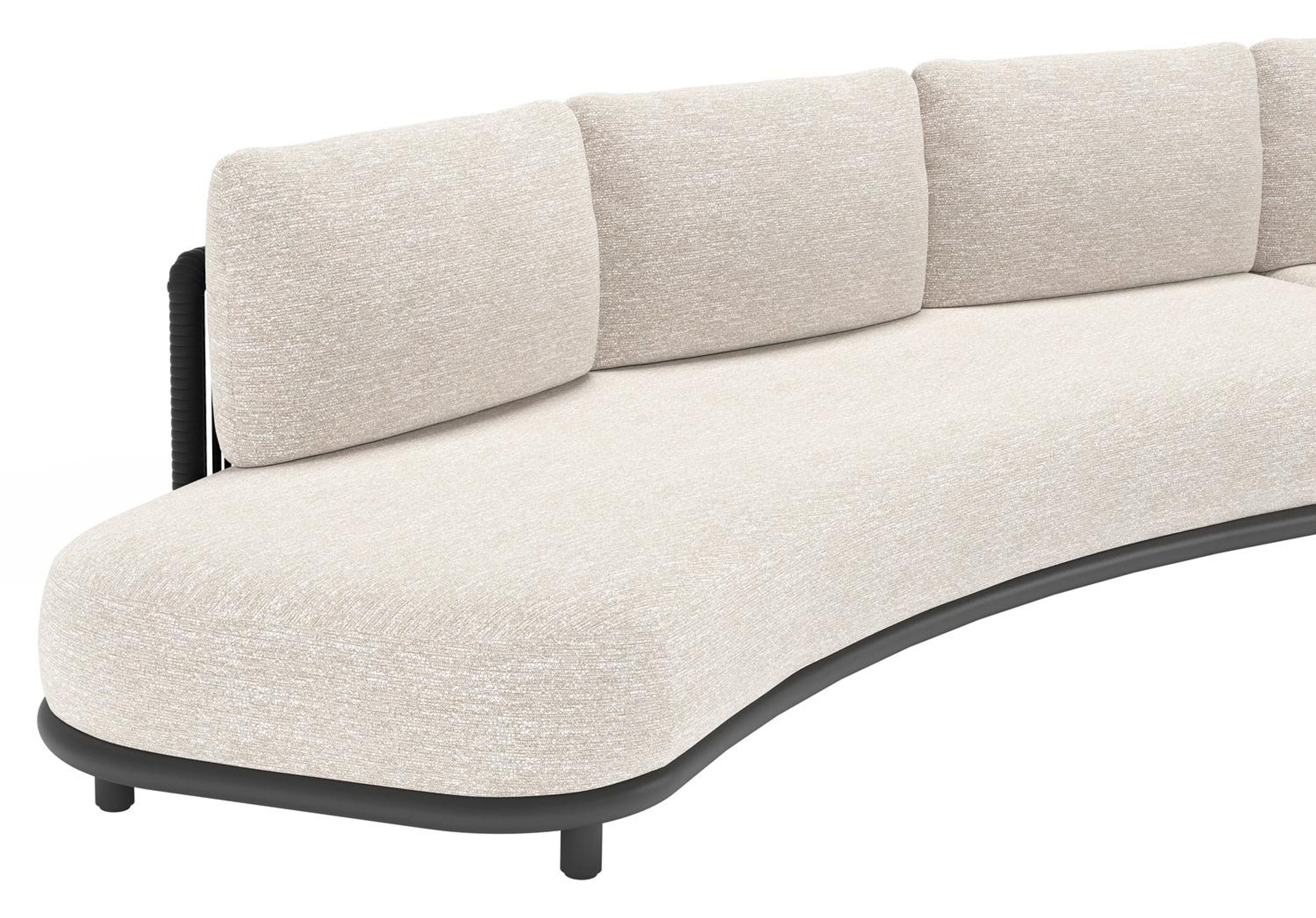 Canapé de jardin Lomano en aluminium noir et corde luxe plate tissée verticalement beige et coussins en all weather sunbrella® luxe tundra sand