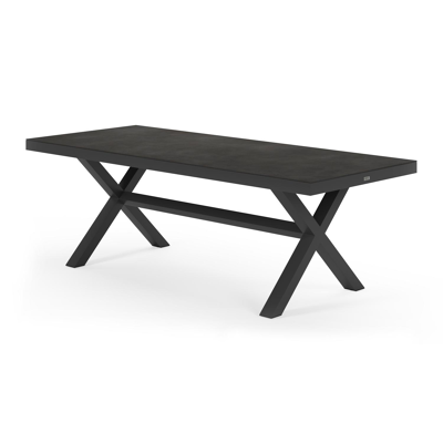 Reza tuinset in zwart aluminium en zwart volkeramiek tafelblad met 6 Puglia tuinstoelen