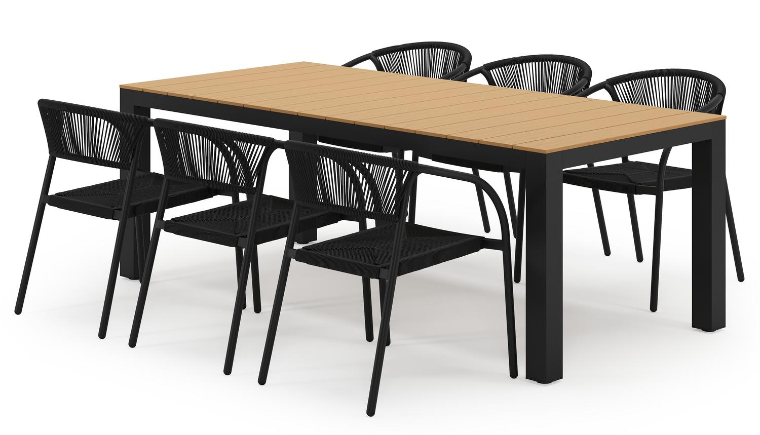 Ensemble de jardin Calzo en aluminium noir et polywood avec 6 chaises de jardin empilable Melo
