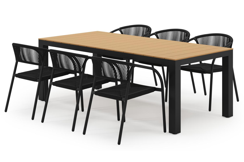 Ensemble de jardin Calzo en aluminium noir et polywood avec 6 chaises de jardin empilable Melo