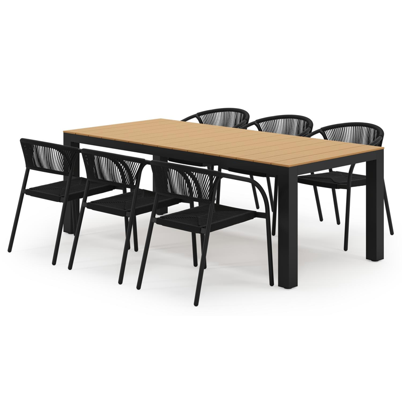 Ensemble de jardin Calzo en aluminium noir et polywood avec 6 chaises de jardin empilable Melo
