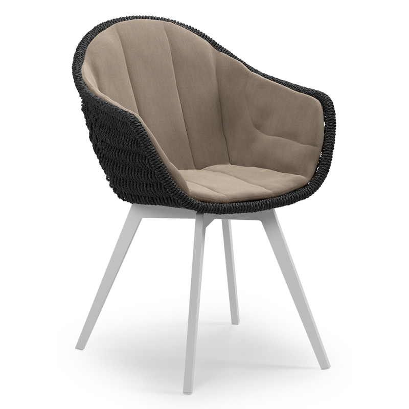 Pagino tuinstoel in wit aluminium en zwart ronde wicker met zitkussen in All Weather Sunbrella® Luxe Natte Heather Grey