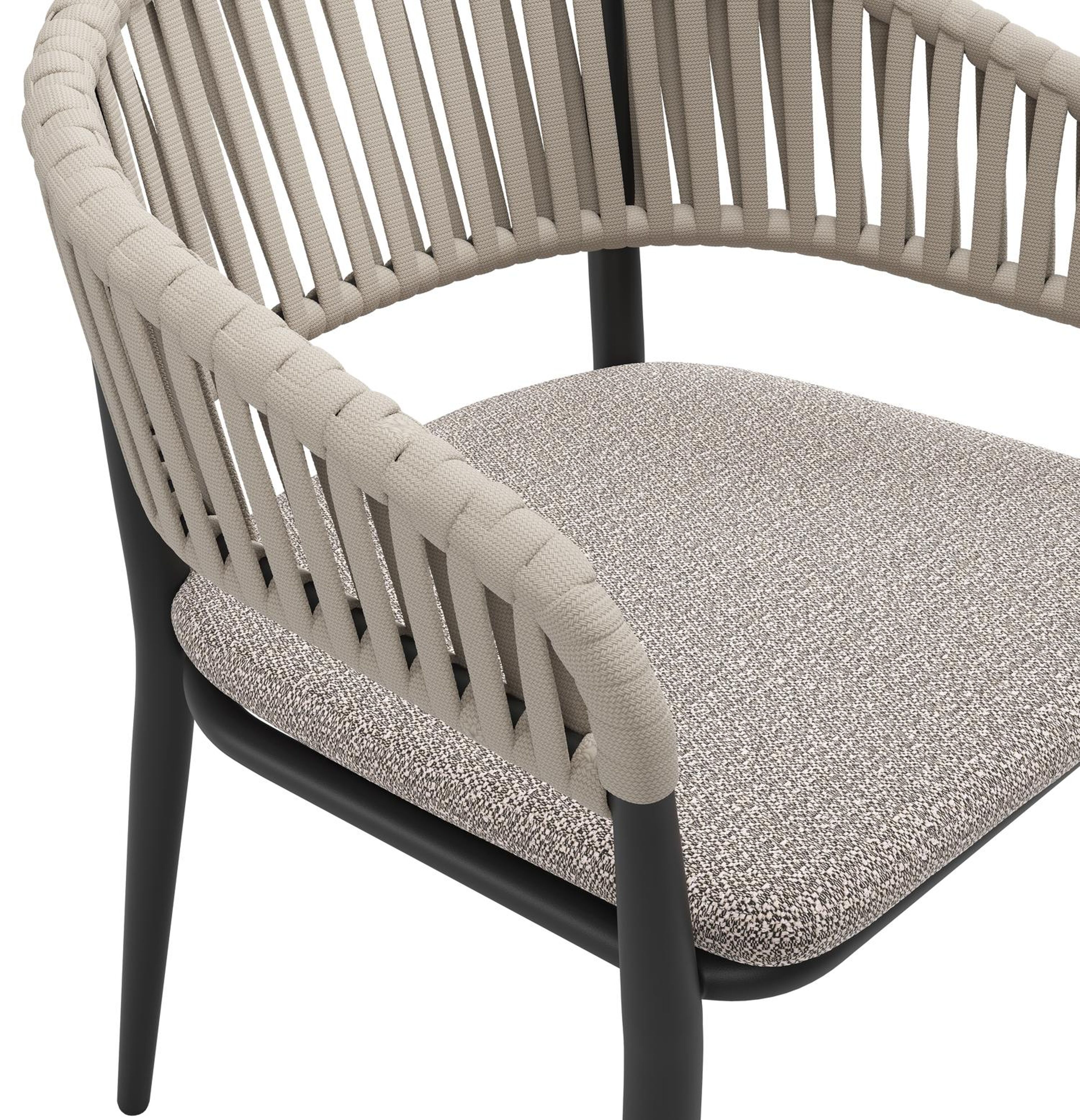 Tolfa stapelbare tuinstoel in zwart aluminium en beige verticaal geweven luxe vlakke brede rope met stoelkussen in All Weather Sunbrella® Luxe Wander Granite