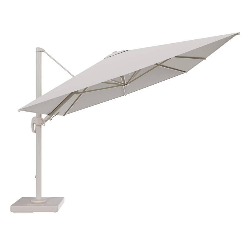Rufina zweefparasol tiltfunctie in beige aluminium en parasoldoek in All Weather Sunbrella® Luxe Lopi Marble - L1 400 x L2 300 cm met parasolvoet Lapido 160 kg