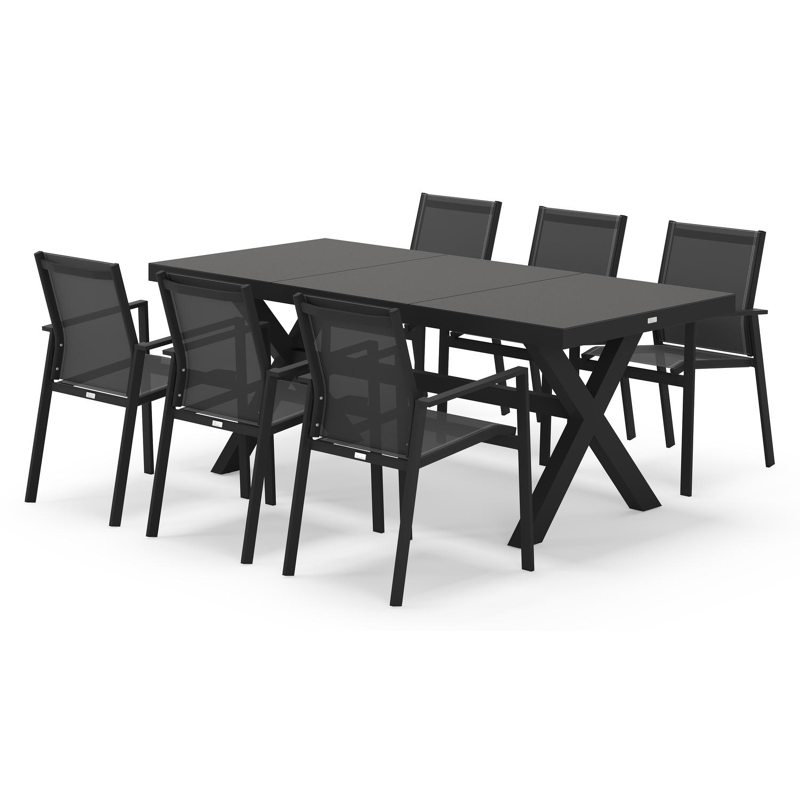 Bahia tuinset rechthoekig in zwart aluminium en sintered stone zwart met 6 Bahia tuinstoelen