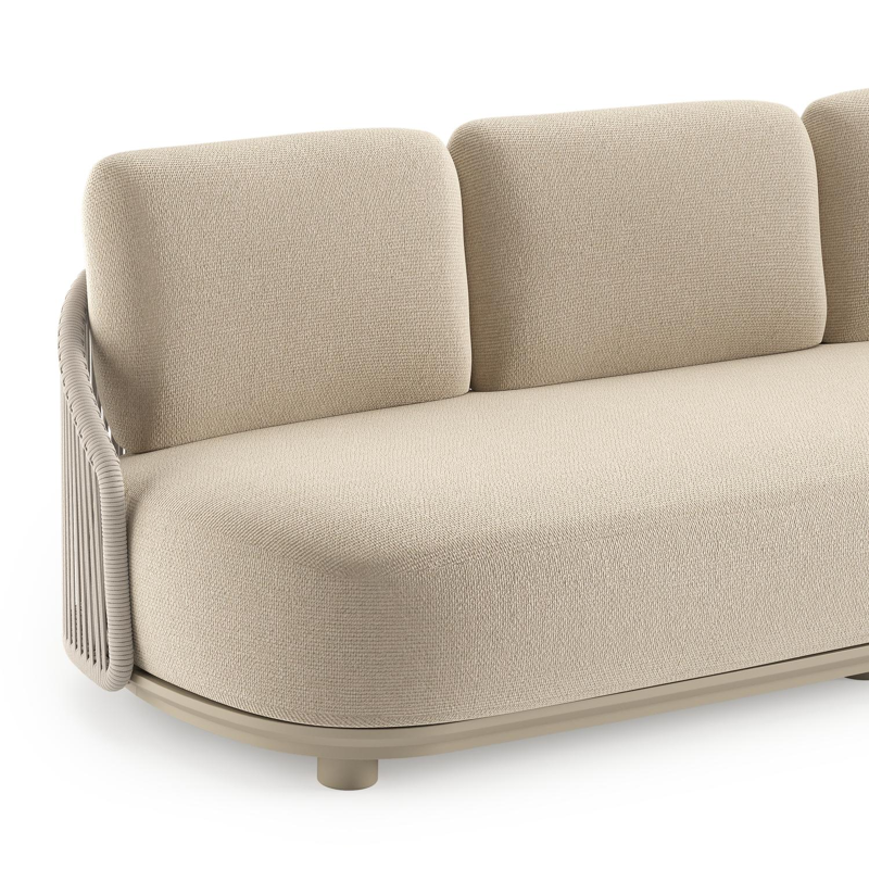 Canapé de jardin Vadelo en aluminium beige et corde ronde tissée verticalement beige et coussins en all weather cosytica althea chalk