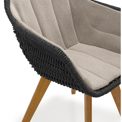 Pagino tuinstoel in teak en zwart ronde wicker met zitkussen in All Weather Sunbrella® Luxe Savane Coconut