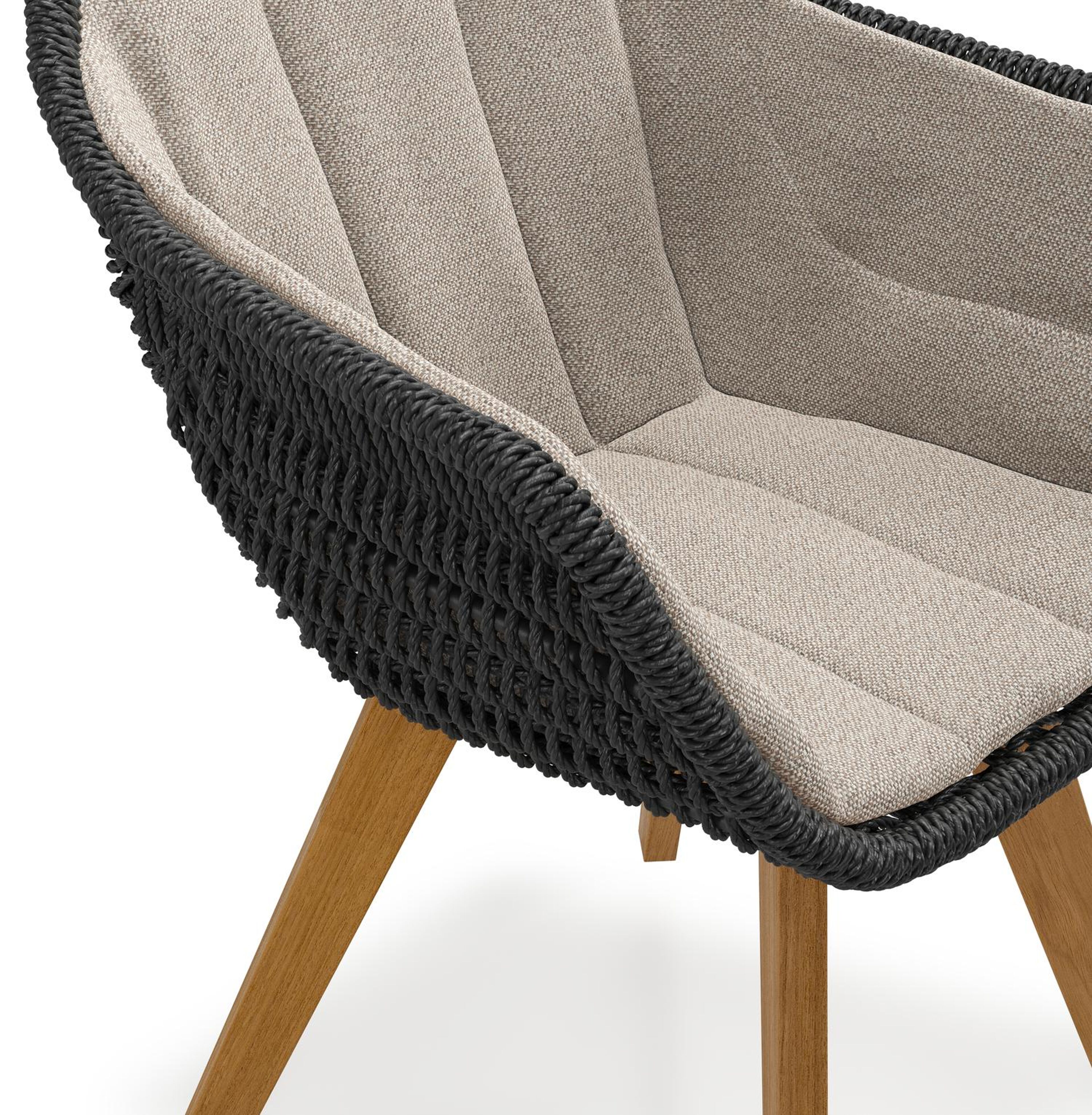 Chaise de jardin Pagino en teck naturel et résine tressée ronde noir avec coussin en All Weather Sunbrella® Luxe Savane Coconut