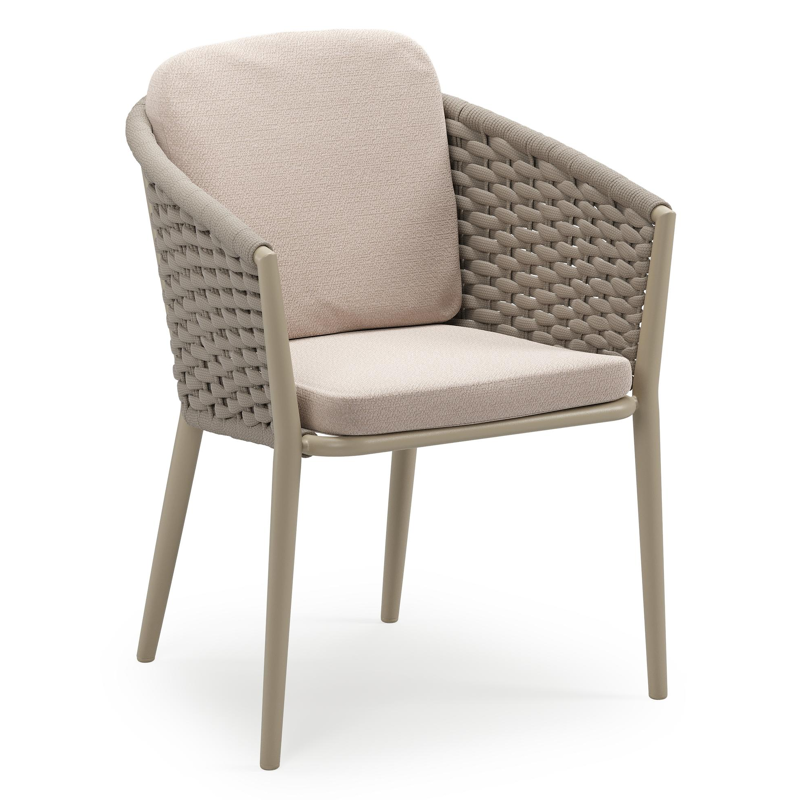 Orso stapelbare tuinstoel in beige aluminium en beige horizontaal geweven ronde rope met stoelkussen in All Weather Sunbrella® Luxe Wander Pilat