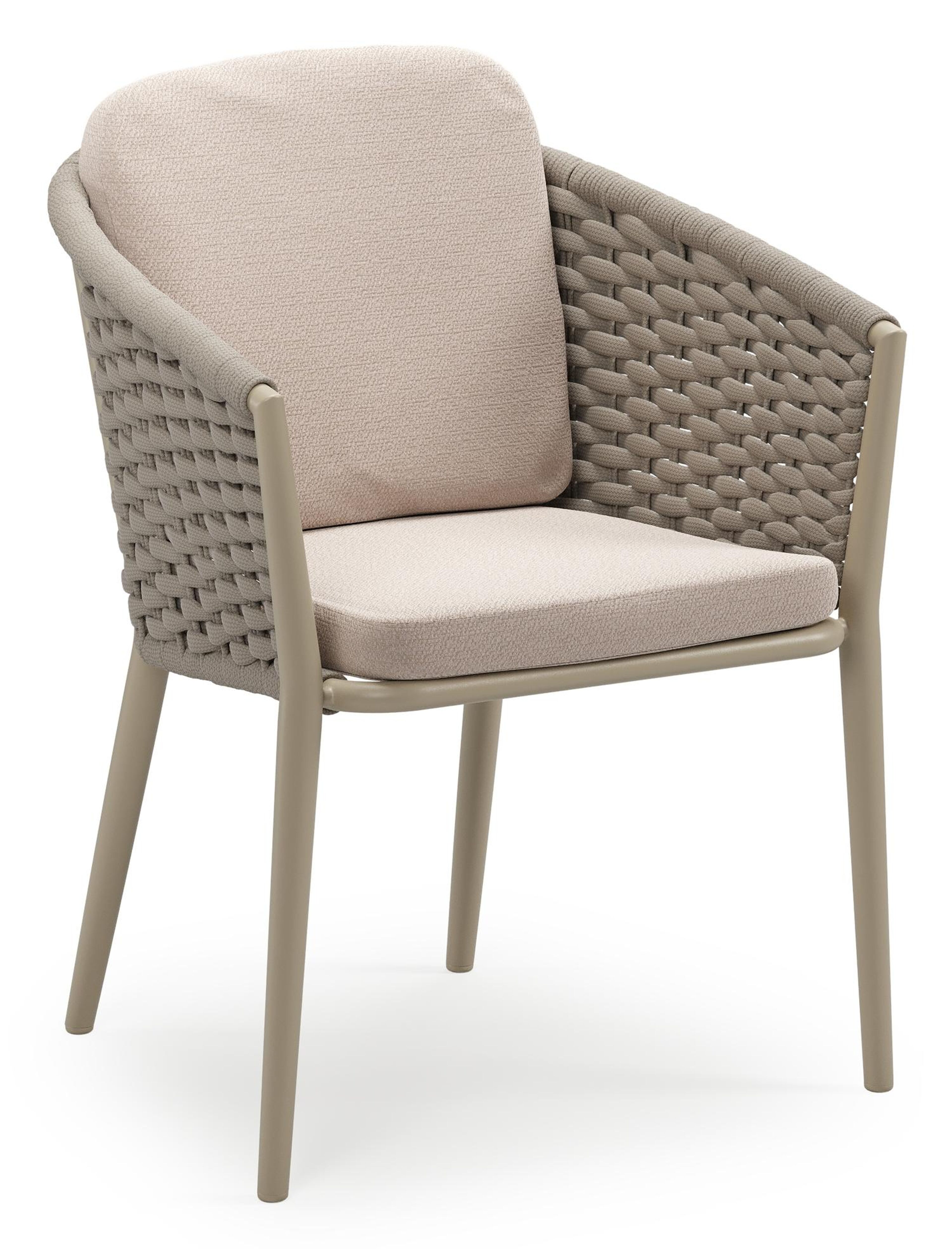 Orso stapelbare tuinstoel in beige aluminium en beige horizontaal geweven ronde rope met stoelkussen in All Weather Sunbrella® Luxe Wander Pilat