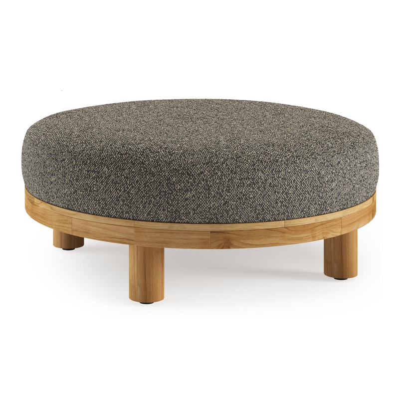 Donato lounge poef in teak en beige verticaal geweven ronde rope met all weather cosytica Marbella Tunder kussen