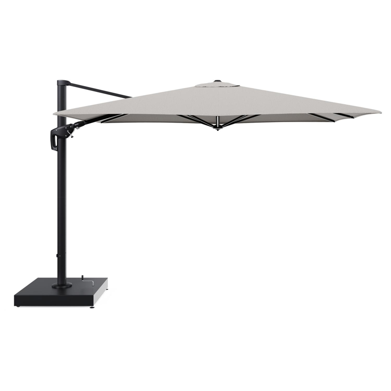 Minore zweefparasol met tiltfunctie in zwart aluminium en Firenze Sand All Weather Solica parasoldoek - L1 280 x L2: 370 cm met parasolvoet Minore 260 kg met wielen