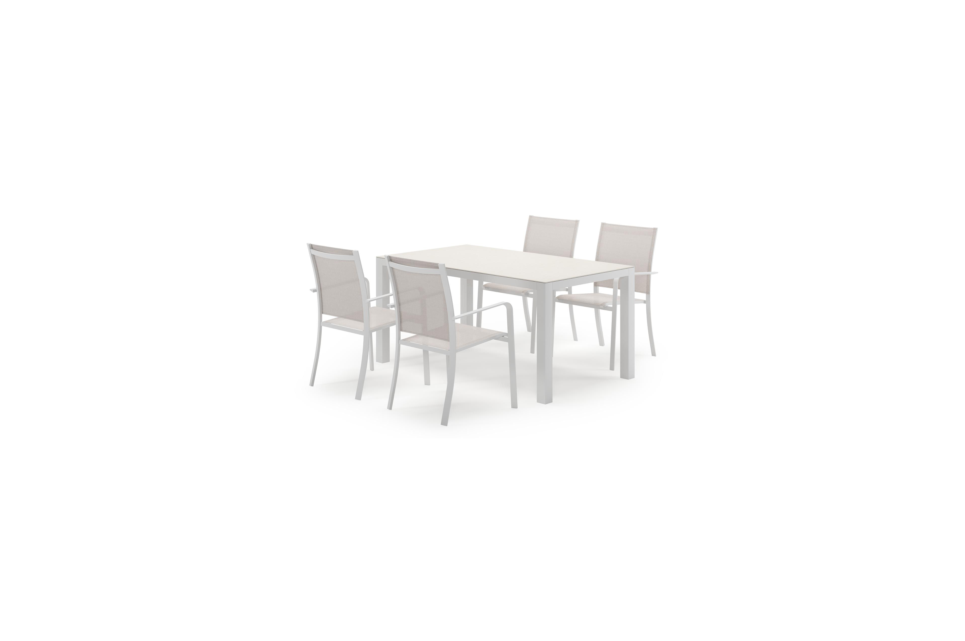 Varese rechthoekige tuinset in wit aluminium en sintered stone crema minerale met 4 Calobra tuinstoelen