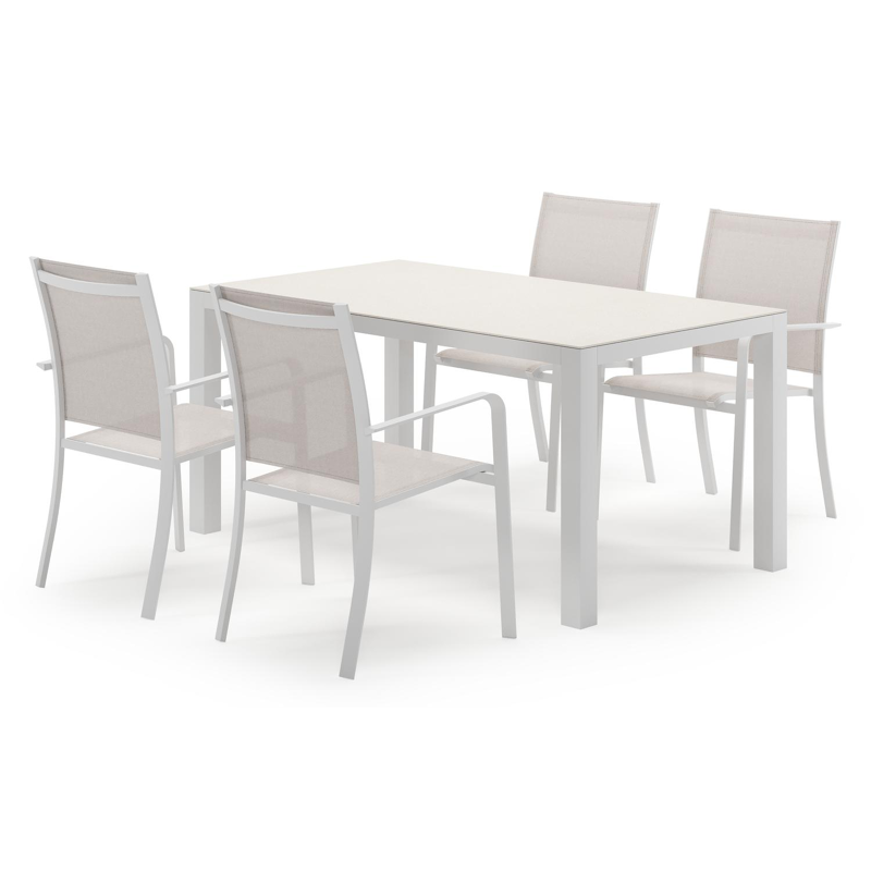 Varese rechthoekige tuinset in wit aluminium en sintered stone crema minerale met 4 Calobra tuinstoelen