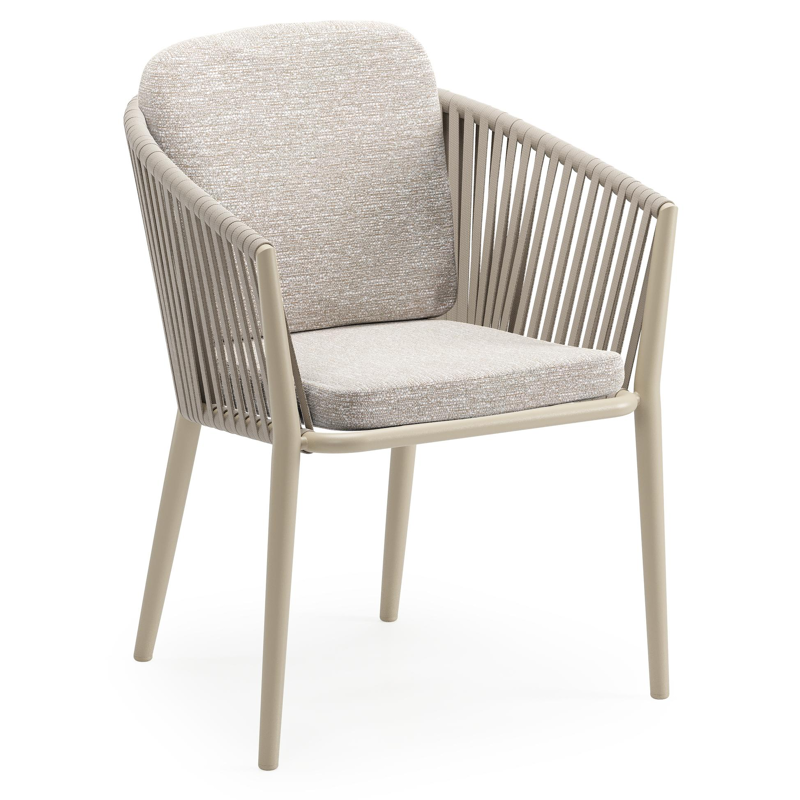 Chaise de jardin Orso en aluminium beige et corde plate tissée verticalement beige avec coussin luxe en All Weather Sunbrella® Luxe Tundra Sand