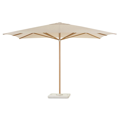 Solino staanparasol in houtlook met beige all weather sunbrella® premium parasoldoek - Dia 400 cm (met voet)