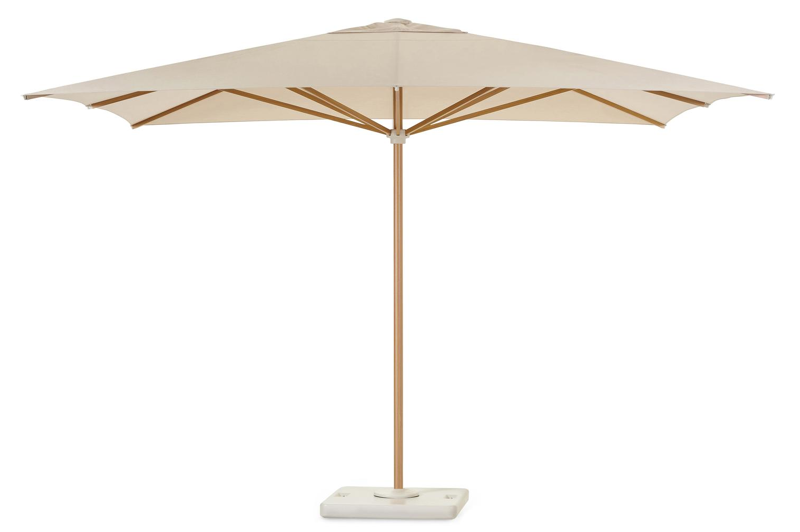 Solino staanparasol in houtlook met beige all weather sunbrella® premium parasoldoek - Dia 400 cm (met voet)
