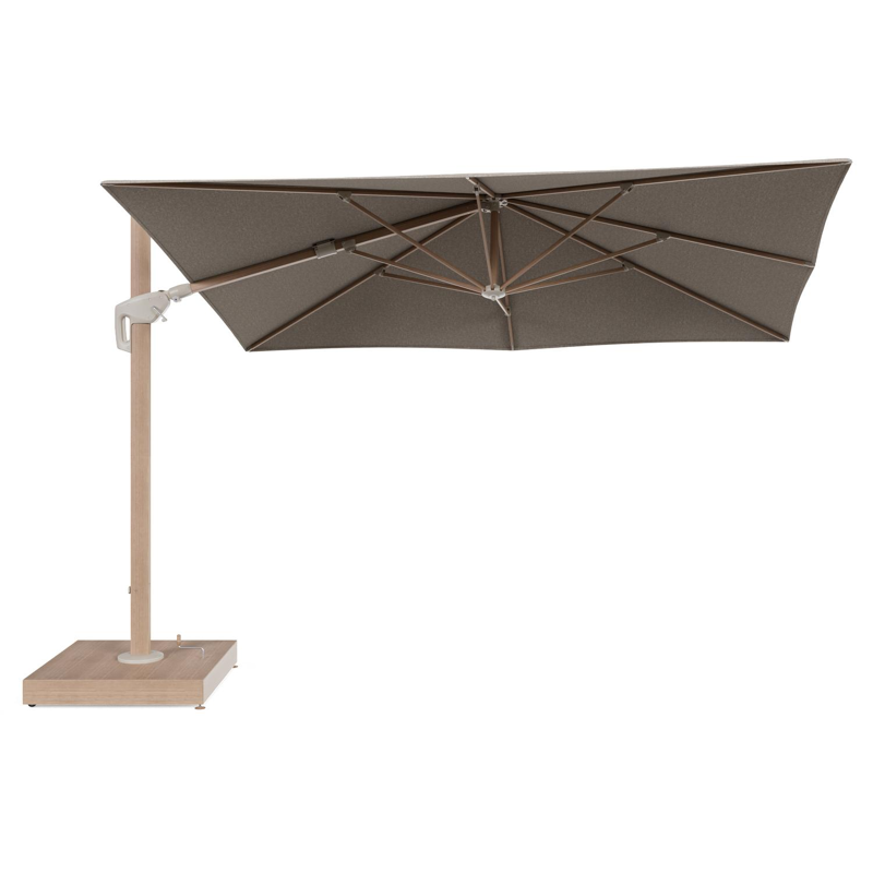 Parasol pendant Minore tilt en aluminium aspect de bois et toile All Weather Sunbrella® Luxe Chartres Pewter - Lg.1: 280 x Lg.2: 370 cm avec pied de parasol Minore 260 kg avec roulettes