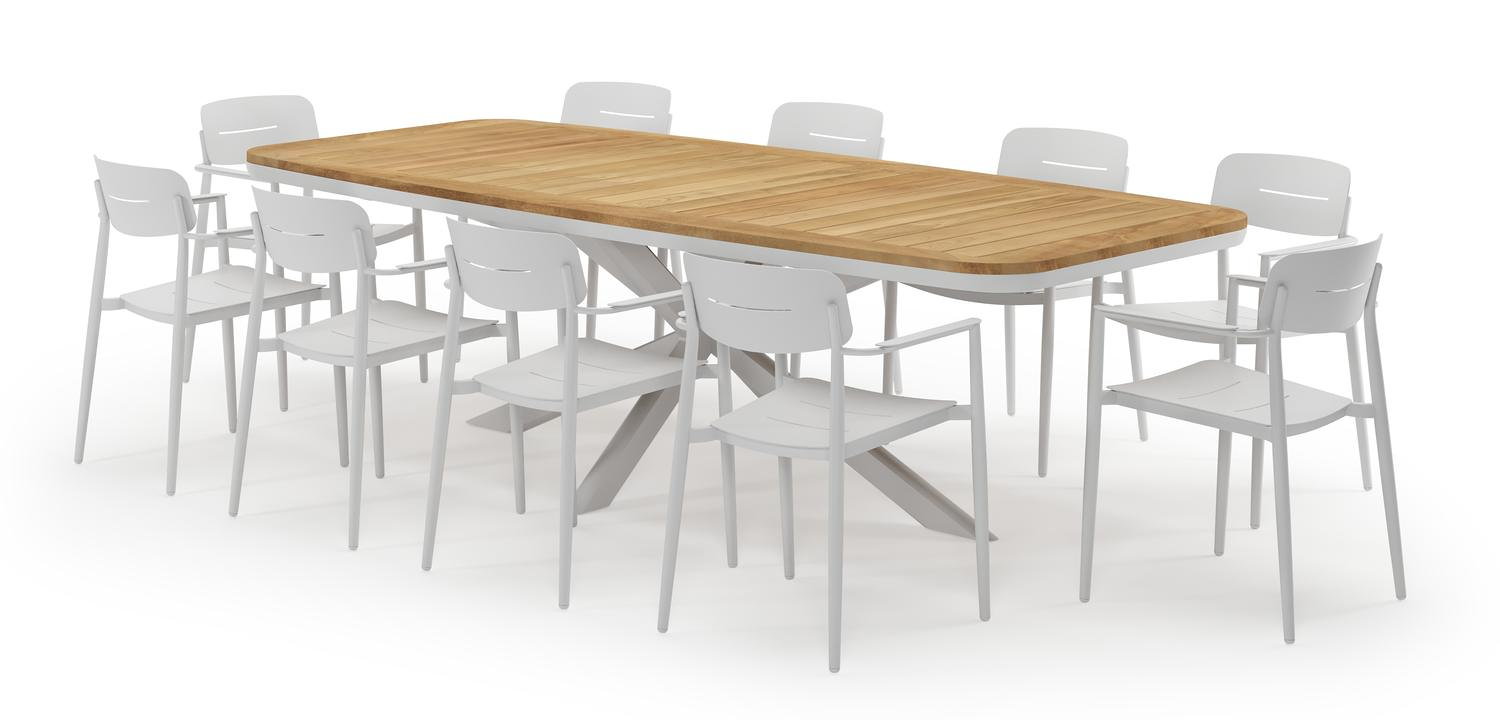 Pamplona bootvormige tuinset in wit aluminium en teak natural finish met 10 Cosa tuinstoelen