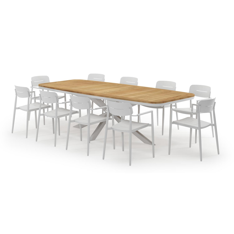 Pamplona bootvormige tuinset in wit aluminium en teak natural finish met 10 Cosa tuinstoelen