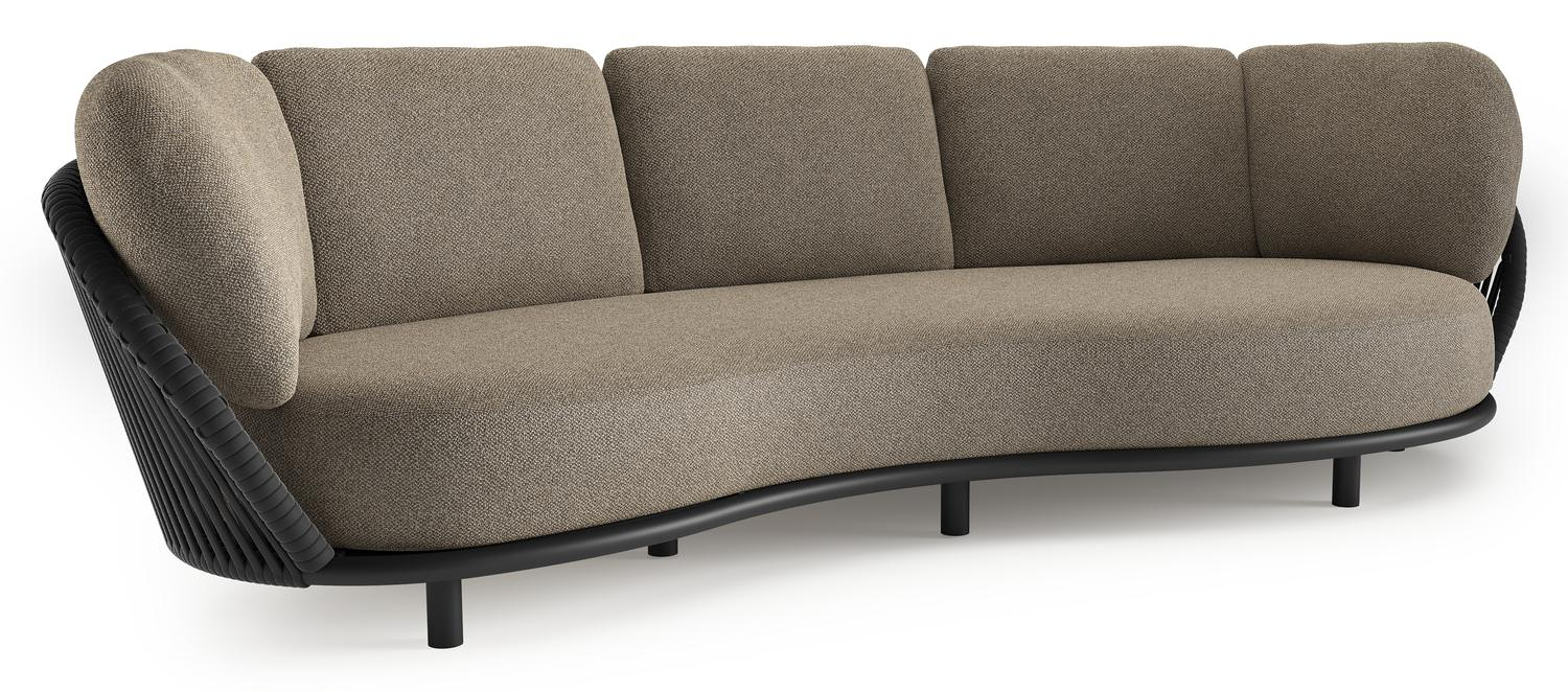 Lupino loungebank in zwart aluminium en zwart verticaal geweven luxe vlakke brede rope met madagascar burch all weather cosytica kussen