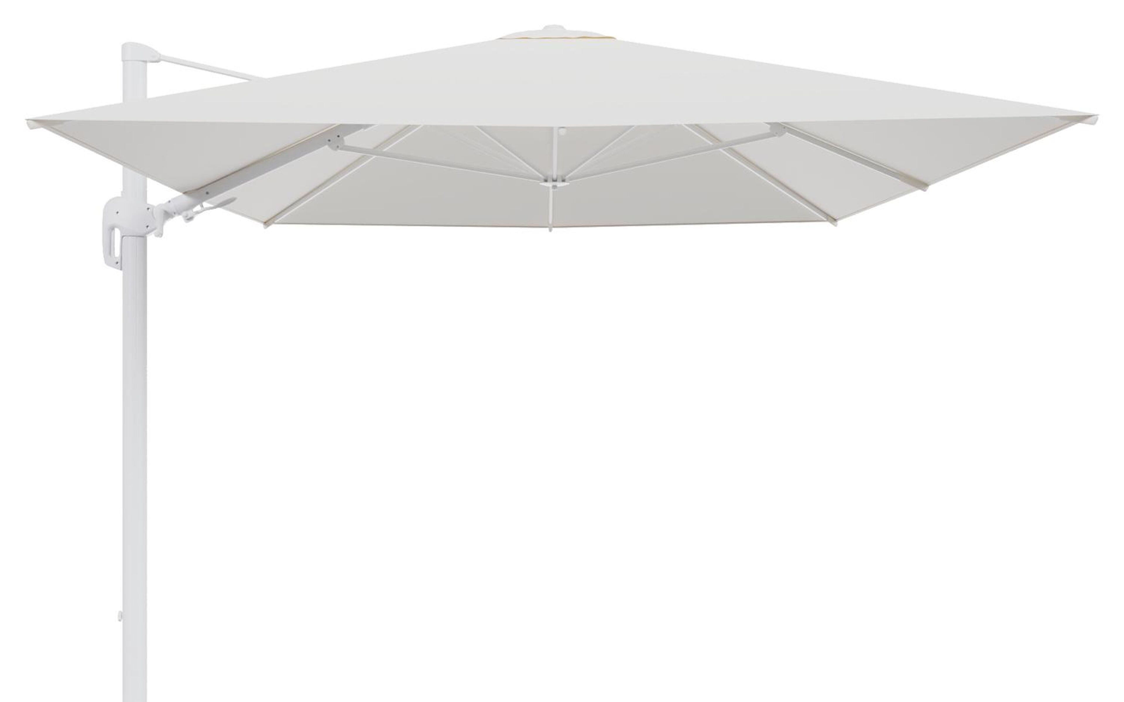 Parasol pendant Rufina avec fonction tilt en aluminium blanc et toile de parasol en All Weather Sunbrella® Luxe Natte White - Lg.1 400 x Lg.2 300 cm (sans pied de parasol