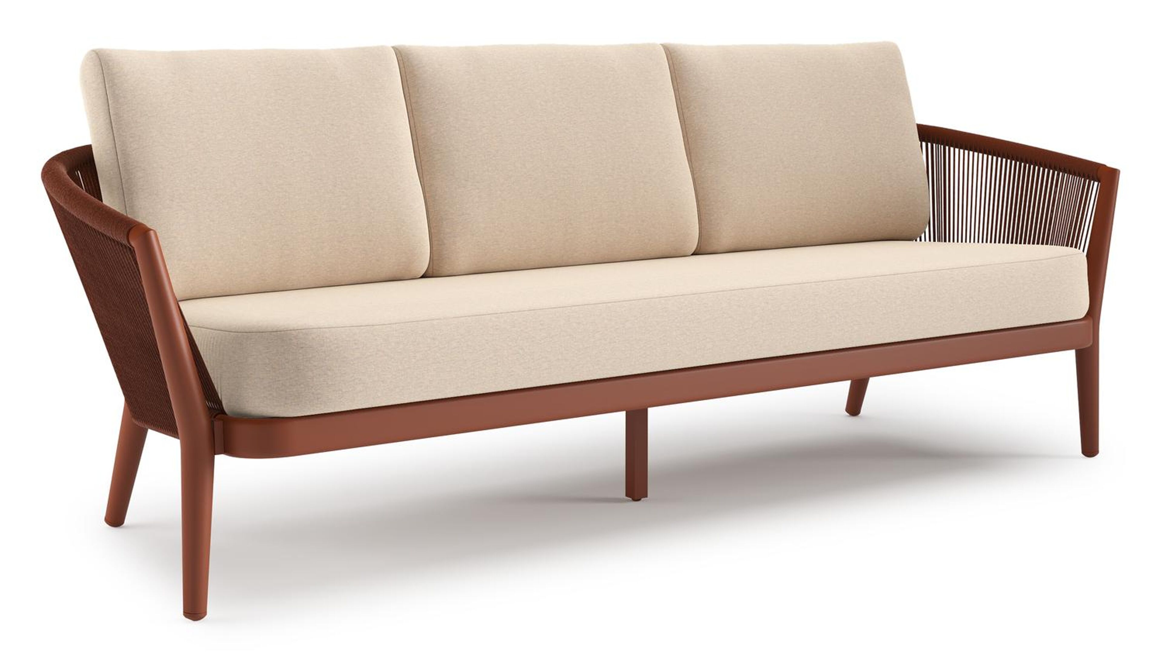 Canapé de jardin Orso en aluminium brun rouille en corde ronde tissée verticalement brun rouille et coussins en all weather sunbrella® luxe Heritage Papyrus