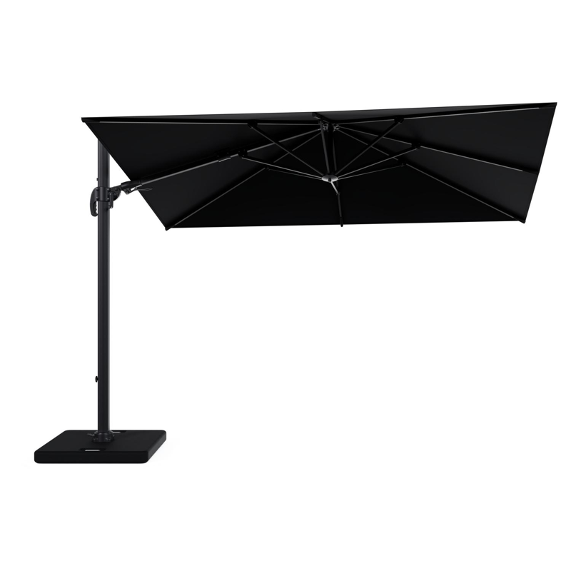 Avola zweefparasol met tiltfunctie in zwart aluminium met zwart all weather sunbrella® premium parasoldoek - L1 200 x L2 300 cm met parasolvoet Pedito 120 kg