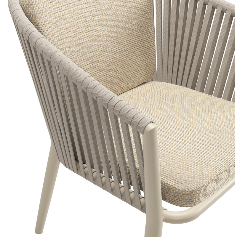 Orso tuinstoel in beige aluminium en beige verticaal geweven vlakke rope met zitkussen in All Weather Cosytica Althea Camel