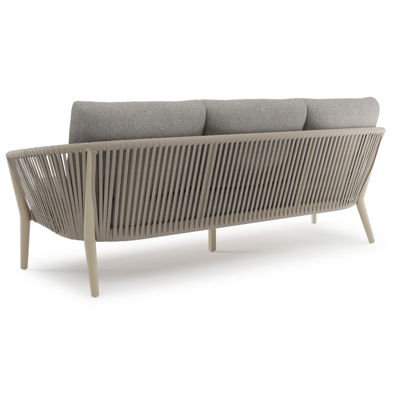 Orso loungebank in beige aluminium en beige verticaal geweven ronde rope met Tundra Charcoal all weather sunbrella® luxe kussen
