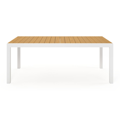 Ensemble de jardin Oviedo avec table extensible en aluminium blanc avec plateau de table en polywood naturel et 8 chaises de jardin empilables Bahia