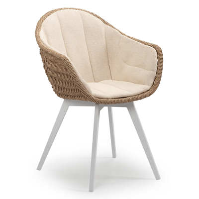 Pagino tuinstoel in wit aluminium en naturel ronde wicker met zitkussen in All Weather Sunbrella® Luxe Heritage Papyrus