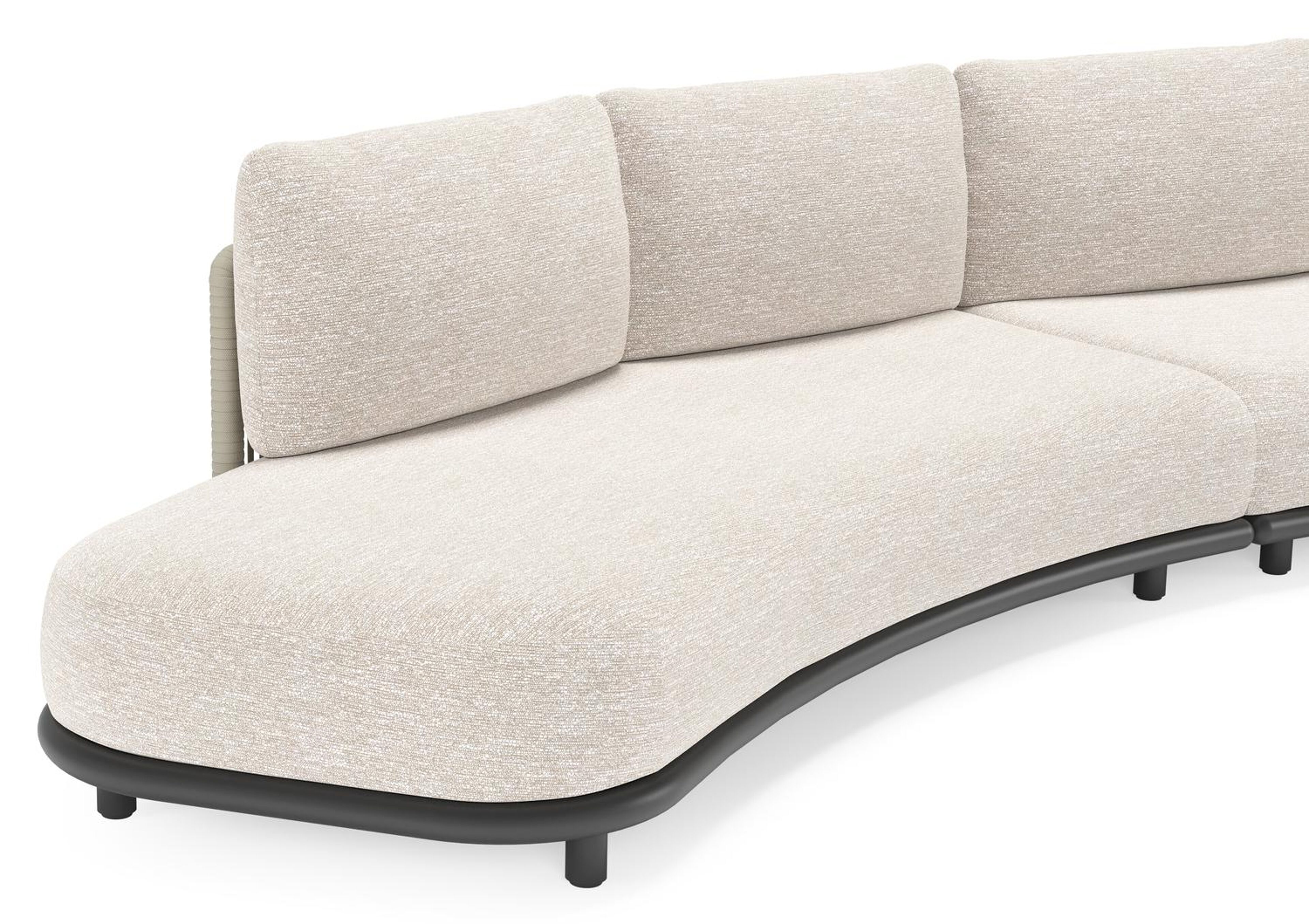 Lomano loungebank in zwart aluminium en beige verticaal geweven luxe vlakke rope met Tundra Sand all weather sunbrella® luxe