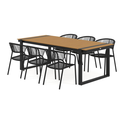Merida tuinset in zwart aluminium en naturel polywood tafelblad met 6 stapelbare Vigo tuinstoelen