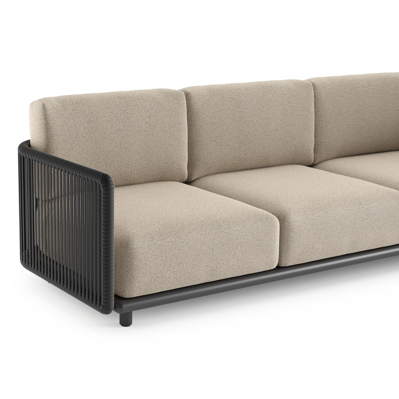 Salon de jardin d'angle Organo en aluminium noir et corde luxe plate tissée verticalement noir et coussins en All Weather Cosytica marbella beige