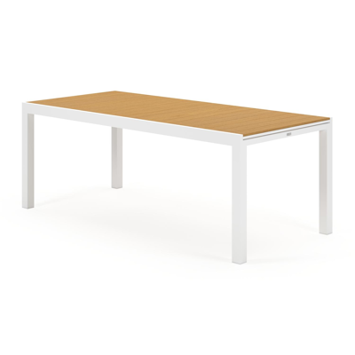 Ensemble de jardin Oviedo avec table extensible en aluminium blanc avec plateau de table en polywood naturel et 8 chaises de jardin empilables Bahia