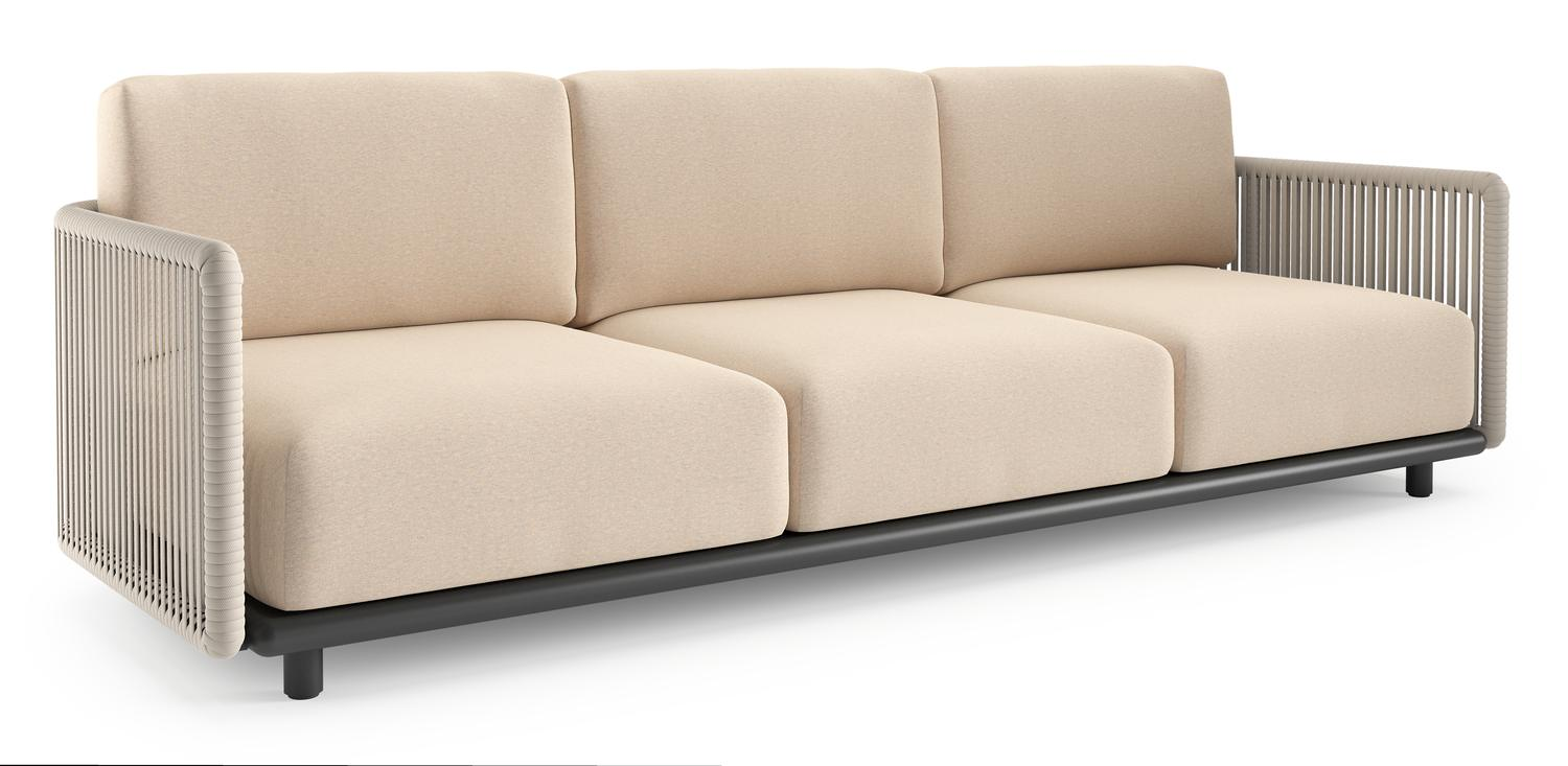 Organo loungebank 3-zit in zwart aluminium en beige verticaal geweven luxe vlakke rope met heritage papyrus all weather sunbrella® luxe kussen