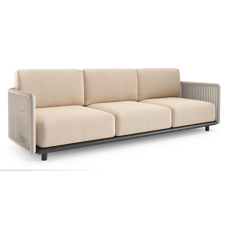 Organo loungebank 3-zit in zwart aluminium en beige verticaal geweven luxe vlakke rope met heritage papyrus all weather sunbrella® luxe kussen